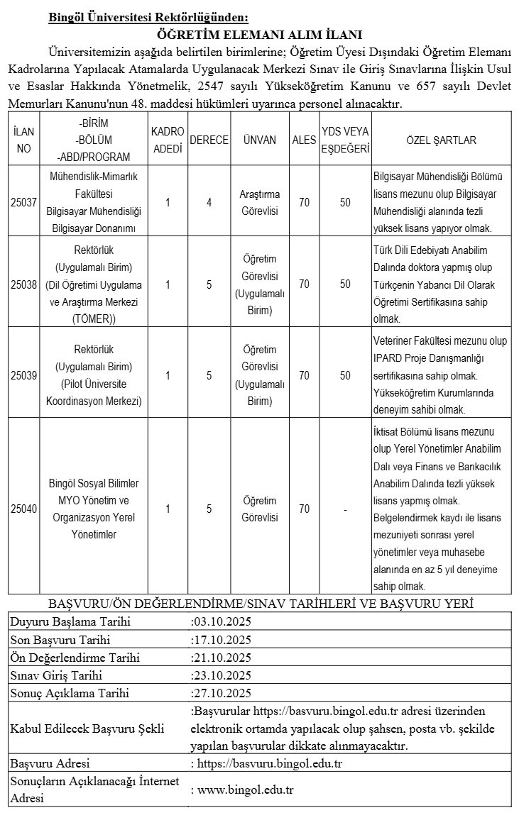 Bingöl Üniversitesi Akademik Kadro İlanı Resmi
